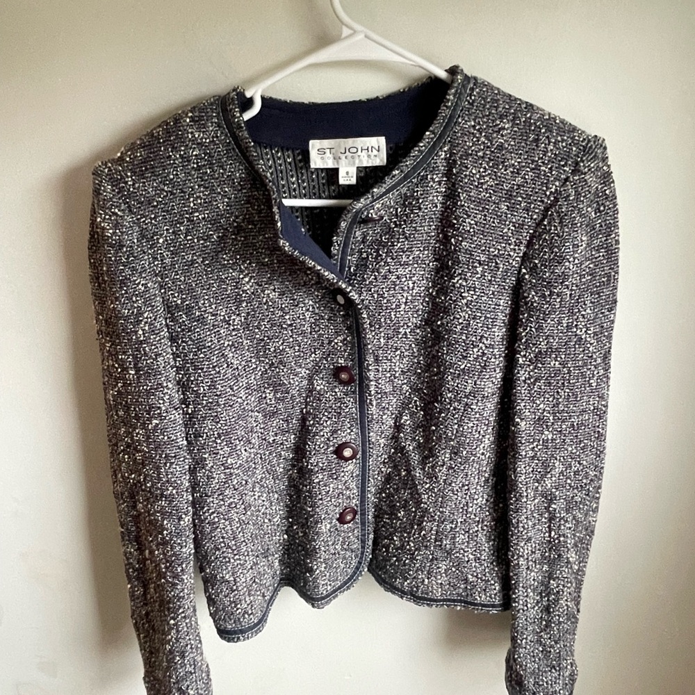 St. John Collection Navy Blue Tweed Blazer Size 6 Elastic Fall Luxury -J